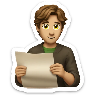 a light-skinned green-eyed man with brown hair sitting in front of the paper scroll  sticker
