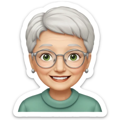 Create me emoji of an old lady. Short white hair to left side. Square glasses. Gray-green eyes. Big smile. sticker