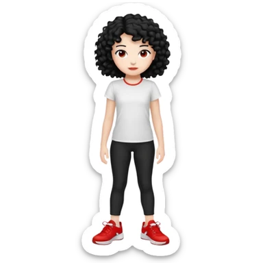 generate a pretty bratz fair skinned girl with curly black hair wearing a white tshirt trekking with red sneakers on and black leggings sticker