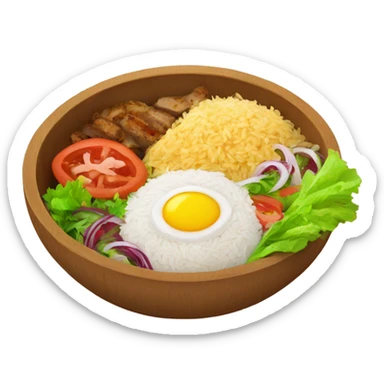 a wood bowl with rice in the middle, kebab, and salad sticker
