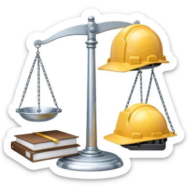 Image of a justice scale with a construction helmet on one side and a folder on the other. Simple sticker