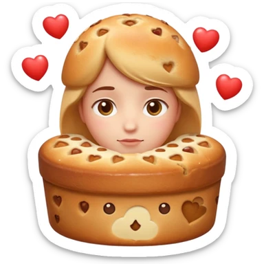 Apple-style emoji illustration of a cuteperson  with dreamy eyes thinking of a traditional panettone, small hearts floating around, soft 3D emoji style, smooth gradients, rounded shapes, warm festive colors, simple expression, centered composition, transparent background, no text. sticker