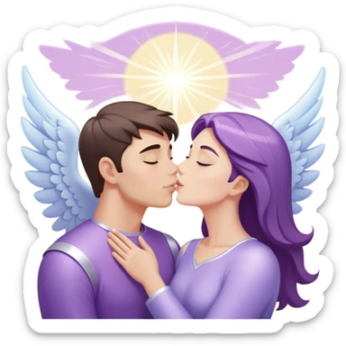 a pastel purple angel woman kisses White brunette man human with rays of light sticker