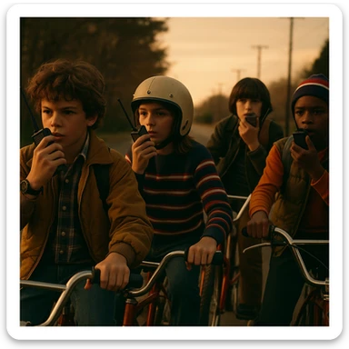 A group of kids on bikes with walkie-talkies, 1980s vibe, inspired by Stranger Things, nostalgic, cinematic style sticker