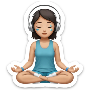 An East Asian woman🧘🏻‍♀️ is sitting cross-legged in a meditation pose, wearing Apple headphones🎧 and listening to music. The song is so beautiful that she has her eyes closed and tears streaming down her face. sticker
