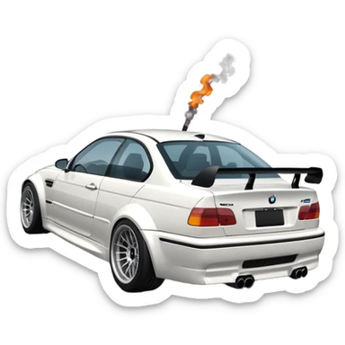 

A white BMW M3 E46, seen from behind at a certain angle, is drifting through a corner; the wheels are not straight, they are changing according to the rotation of the drift. sticker
