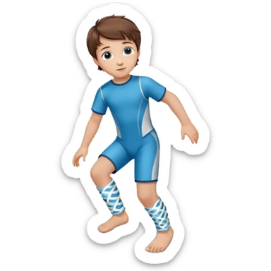A little male child with a nice outfit and  curled brown hair and orthopedic ankle-foot orthosises (AFO) for a small child. The brace goes just below the knee and its with a bright blue water-like pattern with a spiral side design. sticker