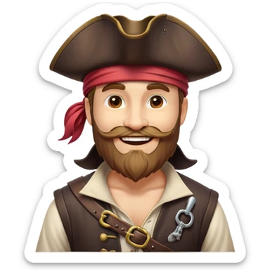 Clash of Clans aesthetic Cheerful Pirate Portrait Emoji, With a bright, confident smile and a relaxed yet adventurous posture, showcasing a stylized, rugged build with a classic pirate hat and a neatly groomed beard, his face in natural skin tone, Simplified yet expressive features, highly detailed, glowing with a soft, luminous maritime radiance, high shine, upbeat and daring, stylized with an air of classic swashbuckler allure, soft glowing outline, capturing the essence of a cheerful pirate ready to chart epic voyages! sticker
