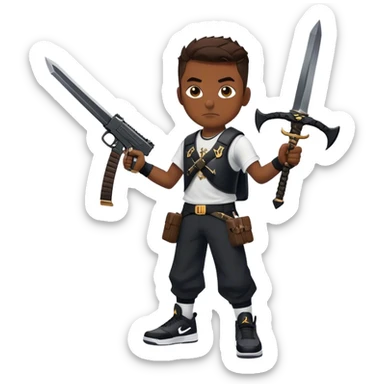 A guy with a pistol and swords and Nike tech and Jordan 4 black cats sticker