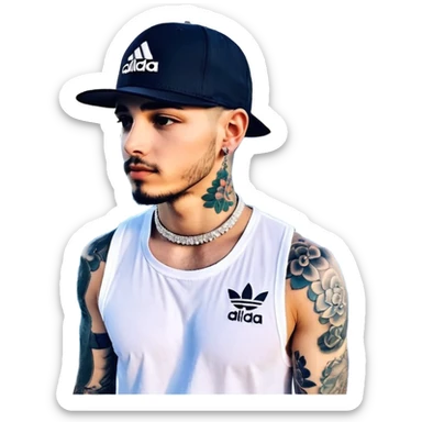 🥷🏻 crea un emojin de como el que está ay pero con gorra marca adida y un collar de diamantes ponle tatuaje en la cara y en la boca ponle brazos qué sea onbre y que se parezca ah este emojin🥷🏻🥷🏻🥷🏻 hombre sticker