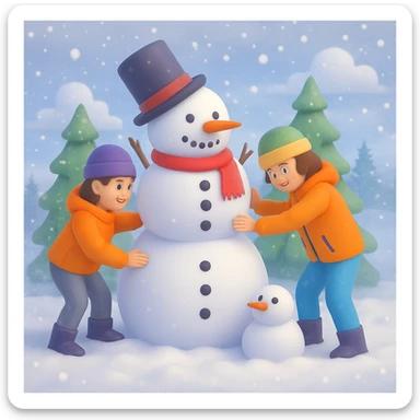 Add a snowy background behind the kids building a snowman, keep the original 3D emoji style sticker