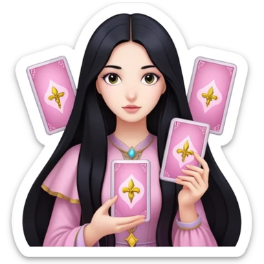 long black hair girl with light pink tarot cards sticker