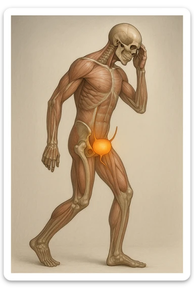 CORPO UMANO ANATOMICO CHE SI SVEGLIA LA NOTTE PER SVUOTARE LA VESCICA, VESCICA ANATOMICA IN EVIDENZA, SFONDO CHIARO NEUTRO sticker