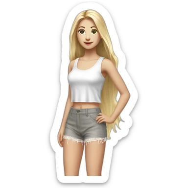 hyperrealistic caucasian female, long straight blonde hair, white lace up crop tanktop, grey mini short skirt sticker