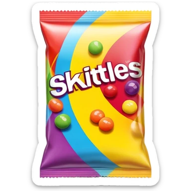 A Skittles candy package with clear adhesive tape wrapped around it, colorful rainbow packaging, minimalist design, sealed with scotch tape sticker