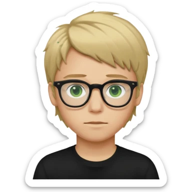 Generate me a profile picture like with a teenage boy who has dirty blond hair, green eyes, glasses and a black t-shirt sticker