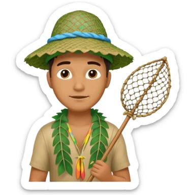 Hawaiian man with leaf hat and big net and colorful cloth sticker