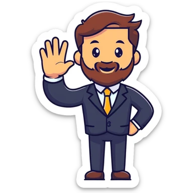 cheerful bearded businessman in suit waving hello sticker