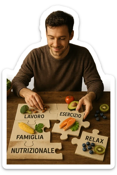 realistica cinematic photo a person is surrounded by puzzle pieces, each representing a different aspect of their life (Lavoro, Esercizio, Famiglia, Relax), and healthy foods are integrated into each piece. The person assembles the puzzle, creating a complete, personalized nutrition plan. The mood is uplifting and creative. in italiano sticker