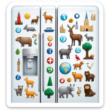 Icon for Magnet Collecting: a close-up of a fridge door covered with a variety of magnets, featuring cities, animals, and symbols. The icon should highlight the diversity and charm of magnet collections. Transparent background. sticker
