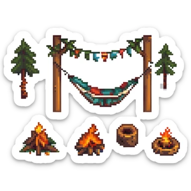 bushcraft adventure camp with campfire and hammock sticker
