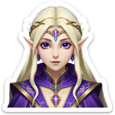 Cinematic Realistic WoW Elf Mage Portrait, head tilted epicly and inquisitively, showcasing a commanding presence and graceful arcane power. Her luminous, porcelain-like skin and delicate features, framed by an intricately detailed robe in deep blues and purples with golden accents, are rendered with lifelike clarity and dramatic, mystical lighting, high shine, epic and awe-inspiring, embodying the timeless magic of an elven mage poised to reshape destiny. sticker