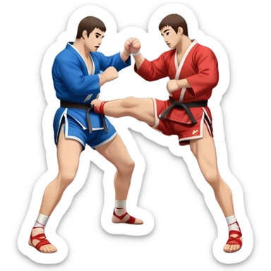 Two Sambo fighters in blue and red kimonos, with shorts and wrestling shoes, performing grappling and throwing techniques. The background shows a wrestling mat and an intense, focused atmosphere. Transparent background highlights the fluidity and skill of the sport without strikes. sticker