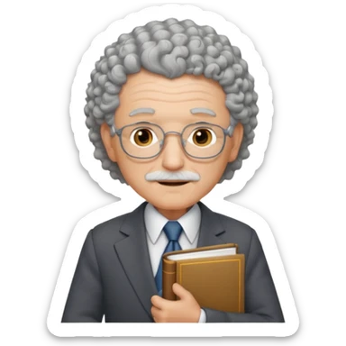 elderly male, curly hair, holding book, wearing suit sticker