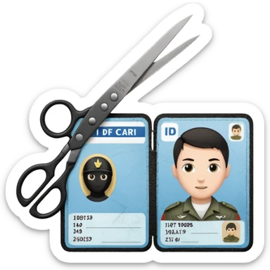 Floating black Scissors cutting in half an idf soldier ID card in 2 parts .hyper realistic sticker
