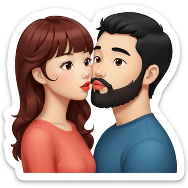 handsome asian man with black hair and beard, kissing cute tan skin woman with long wavy reddish brown hair with bangs and coral lipstick sticker