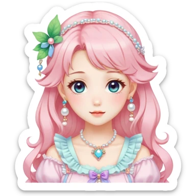 gorgeous-anime-style-lady-with-blushing-face-and-accessories-cottagecore-fairycore-kawaii-anime-colorful-pearly-romantic-aesthetic-trending-style sticker