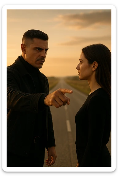 Cinematic photo of a confident man giving clear direction to a woman, standing in front of her with a firm but calm expression, pointing forward as if showing her the path to follow. The man is dressed in a dark jacket, embodying the role of a commander, while the woman looks at him attentively, ready to follow. The setting is an open road at sunrise with soft golden light, symbolizing new beginnings and leadership. Shot from a side angle, capturing both profiles with a clear view of his guiding gesture. sticker
