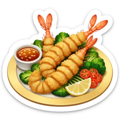 tempura dish emoji, extra crispy, lightly battered shrimp and vegetables, vivid textures, bright lighting sticker
