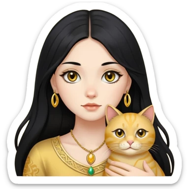 long black hair girl with black eyes with gold cat sticker