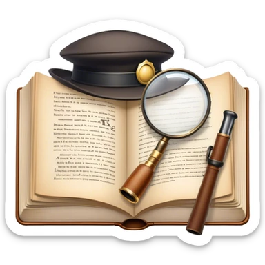 Icon for Detective Reading: an open book with text and a magnifying glass on the pages, a classic detective hat and a pipe, surrounded by clues like footprints, a revolver and a notepad. The icon should represent the mystery and intrigue of detective stories. Transparent background. sticker