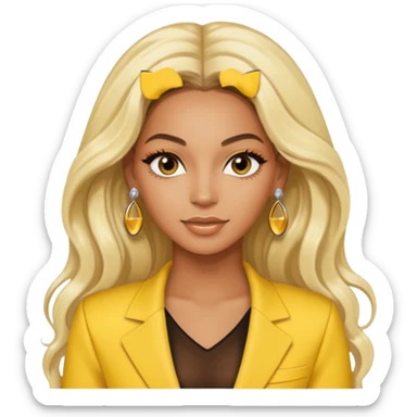 Beyonce brown eyes, long platinum blonde hair, yellow outfit with earrings sticker