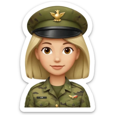 Female soldier emoji in Apple style, no cap/helmet, bust portrait, gentle smile, generic camo, hair visible, soft gradients sticker