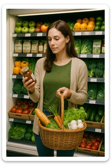Donna che sta scegliendo quali alimenti di qualità mangiare sticker
