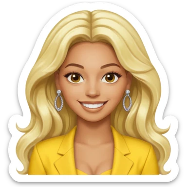 Beyonce with long platinum blonde hair, yellow outfit and earring sticker