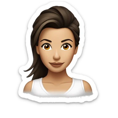 3/4 face, contrasted, shadow, light, Eva Longoria expression, wink, thin nose, brunette woman, hazel eyes, long eyelashes, dark shoulder shaded hair, white t-shirt sticker