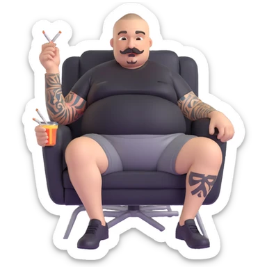 Big man relaxing in chair, legs spread wide, holding cigarette, round face, buzzcut, short beard and mustache, black t-shirt with light stripes at top, exposed belly, black shorts, arms covered in tattoos sticker