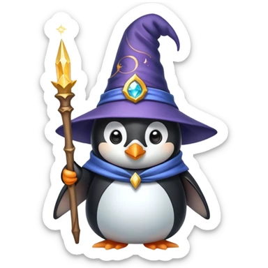 A cute penguin dressed as a wizard with a pointy hat and holding a magic wand sticker