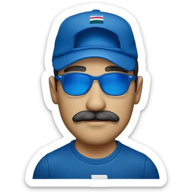 Homme européen yeux bleus avec une moustache portant des lunettes bleues  une casquette jordan bleu un survêtement bleu sticker