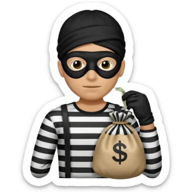 Crea un ladrón con un sombrero de delincuente y un saco de dinero, el ladrón tiene una camisa de rayas negras y blancas y el rostro un antifaz color negro. sticker