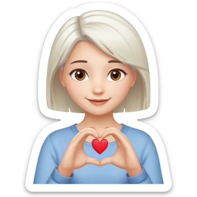 Beautiful girl. Platinum-colored hair just below the shoulders, straight, brown eyes, sweet smile. Hands in the shape of a heart. sticker