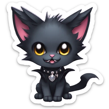   cool edgy kawaii anime-style ethereal dark-punk-themed animal vampiric cat-hybrid Fakemon with fangs and bat-wing-ears with a collar full body sticker