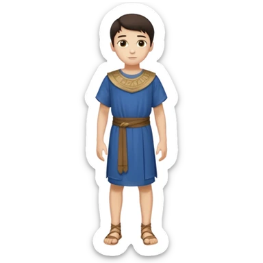 Niño: niño entre ⅞ años y 10/14 años, delgado, blanco de piel, moreno, ojos ni muy claros ni muy oscuros, bueno y simpático. cuerpo entero, época púnica sticker