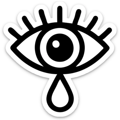 Expressive illustration of a crying female eye with clear black contours, complex shadows and highlights, colored. Beige skin around the eye, brown-red iris, blue-cyan tear. Style with depth, volume, and graphic quality as shown in the reference examples. sticker