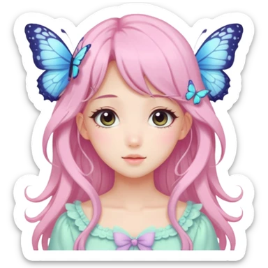 Cute kawaii gorgeous pretty anime cartoon pastel lady with butterflies and beautiful hair fairycore cottagecore sticker