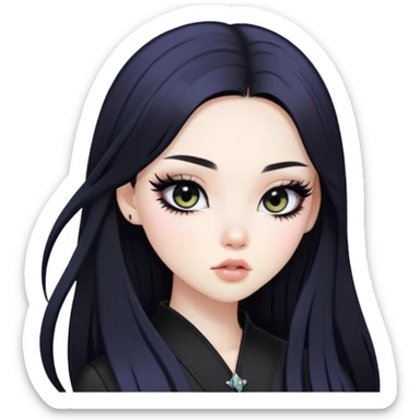 straight black long hair, korean pale skin skin, black iris, pretty bratz baddie, black eyeliner sticker